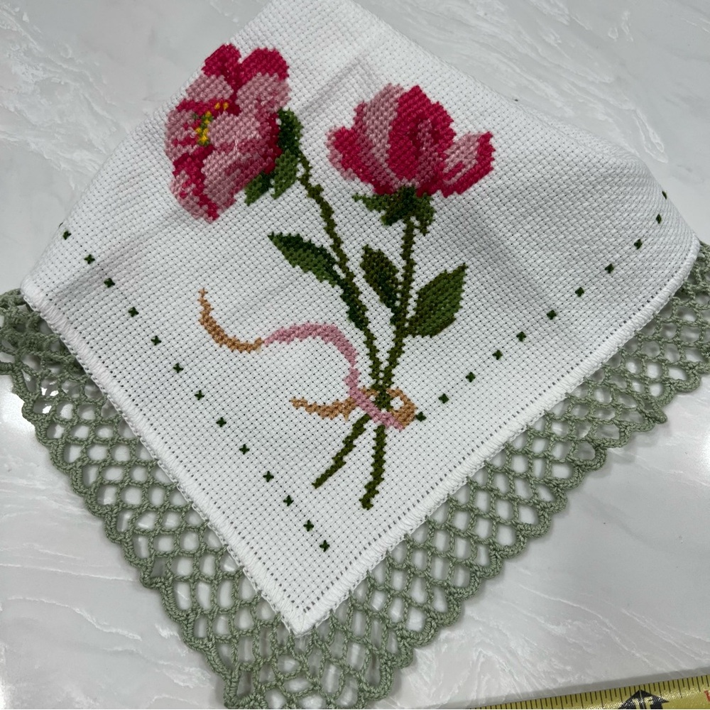 Hand made Floral Cross Stitch Embroidered Floral Accent with Green Trim Cottage